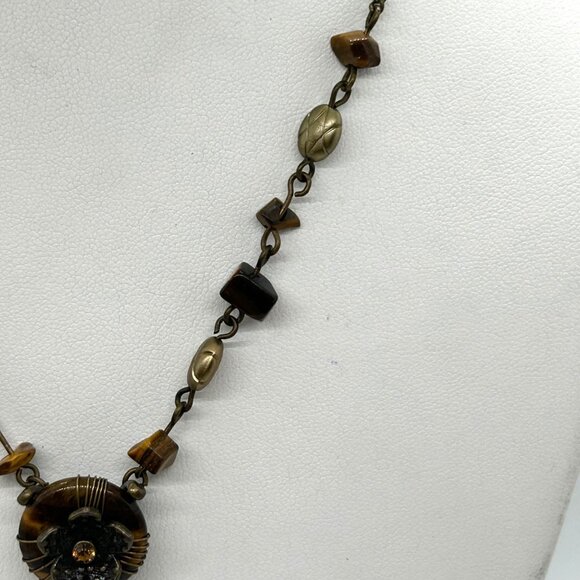 Avon Tiger Eye Necklace Dangle Floral  Vintage Brass-tone up to 19 inches - Picture 7 of 15